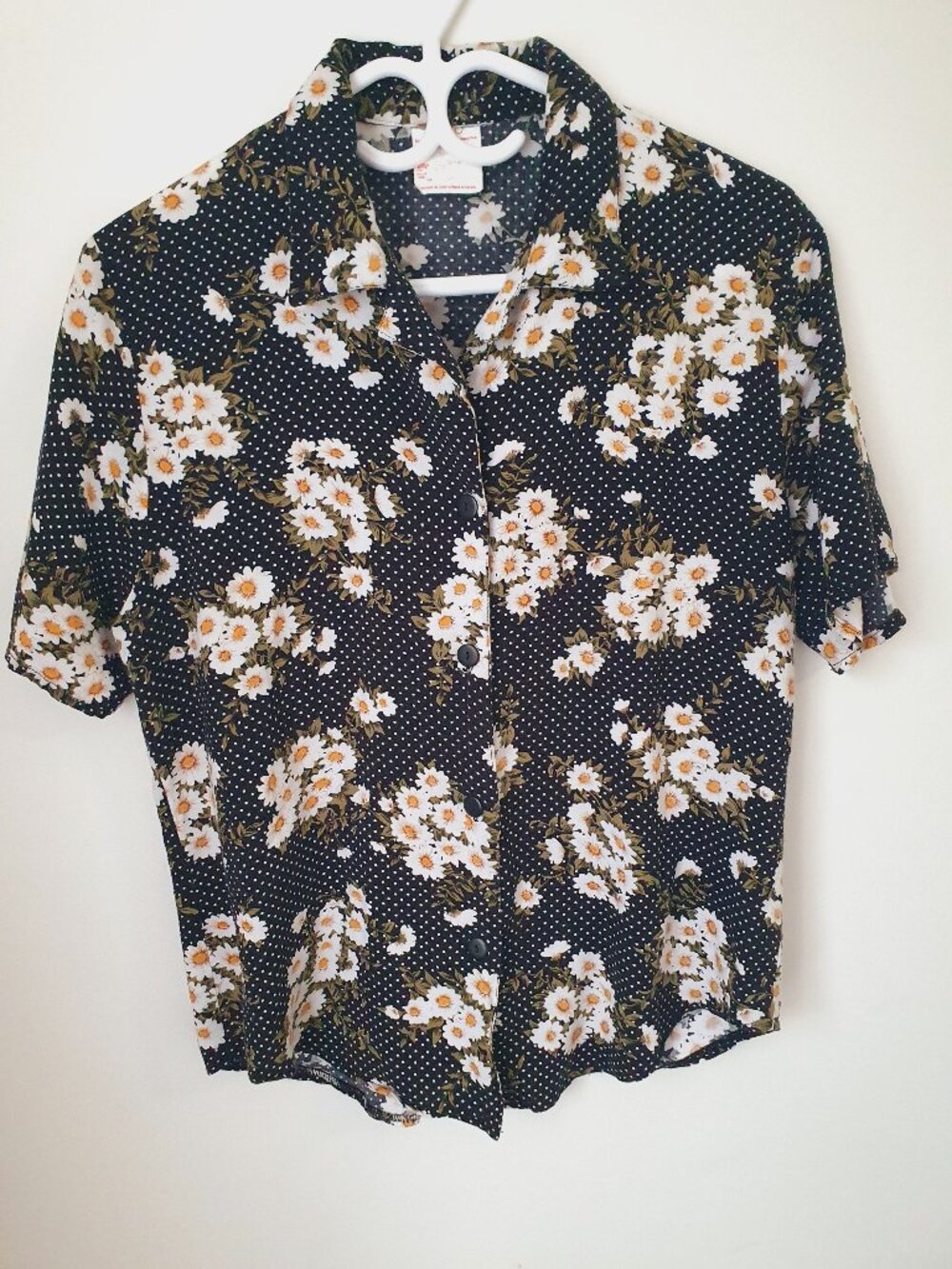 Vintage Daisy & Polka Dot Short Sleeve Rayon Blouse - Made in Canada, Size M